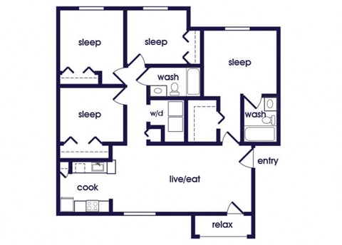 Floor plan for 4 beds, 2 baths, 1175 sqft